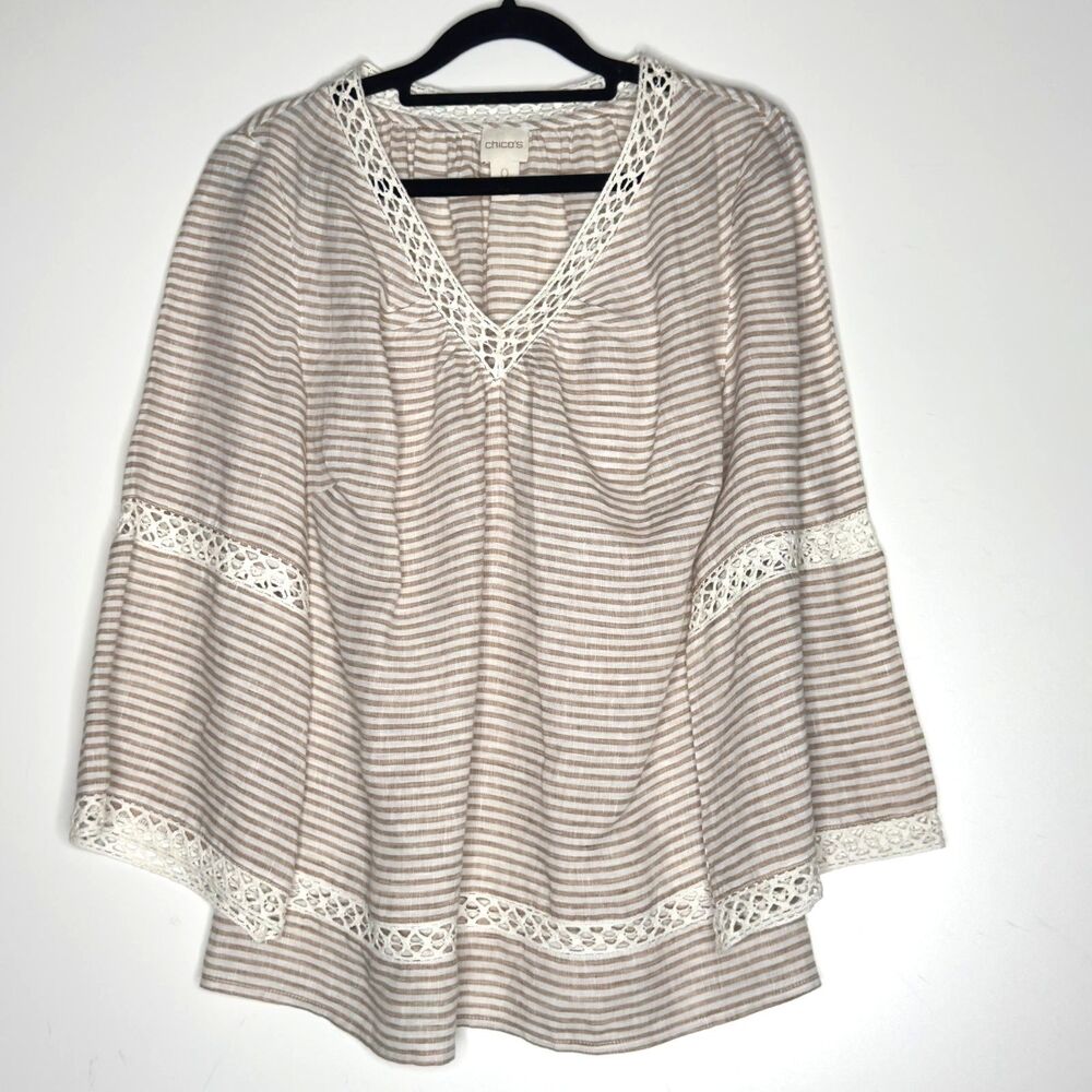 Chico's Stripe Linen Popover Lattice Blouse Women's Size Small (Chico's 0)
